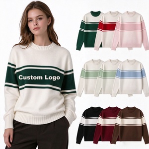 Suéter de Punto Personalizado OEM ODM Estilo Preppy a Rayas de Algodón para Golf y Rugby, con Letras Jacquard y Cuello Redondo para Mujer - Product Image 1