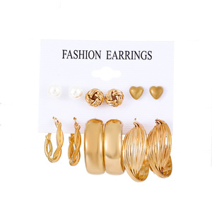 EH019 Juego de 6 Piezas de Aretes de Moda con Perlas Retorcidas y Aros Geométricos, Joyería de Diseño - Product Image 6