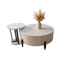 Table basse ovale moderne nordique crème avec plateau en bois, tiroir dissimulé, multifonctionnelle, gain de place, écologique pour salon