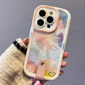 Funda con Correa de Muñeca para iPhone 16 15 14 13 11 12 Pro Max, Colorida, con Diseño de Arcoíris, Corazón, Cara Feliz, Funda Protectora de TPU Suave - Product Image 4
