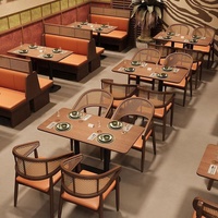 Nouvel ensemble de mobilier de restaurant moderne et minimaliste : tables octogonales 2 places en bois massif et métal, chaises et banquette pour restaurant de fondue et de thé au lait