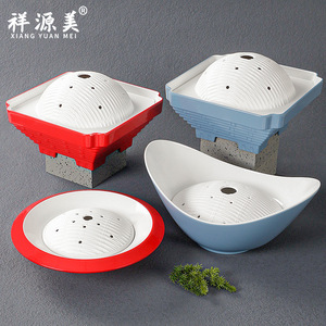 Plateau de service en mélamine Xiang Yuan Mei avec couvercle, design carré et ovale rouge et bleu, pour usage en restaurant - Product Image 1