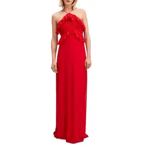 服装制造商定制女性夏季露背领舞会礼服前褶边设计优雅派对时尚红色连衣裙