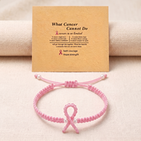 Bracelet en cordon de nylon tressé fait main avec carte de vœux, ruban rose de sensibilisation au cancer du sein, vente en gros