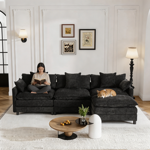 Divano Sezionale Moderno a L in Tessuto Ciniglia Nera, Convertibile, con Seduta Profonda <span class=keywords><strong>e</strong></span> Pouf, Disponibile in Magazzino USA - Product Image 2