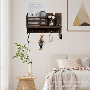 Wooden <b>Wall</b> <b>Mounted</b> <b>Shelf</b> Key Holder Solid Wood Mail Organizer Rectangle Brown Black White Multipurpose Entryway Storage - Product Image 1