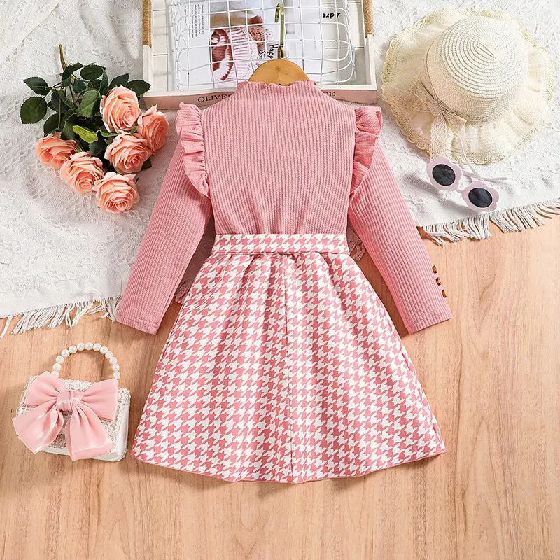 Nuevos diseños moda niños, ropa dulce encaje manga larga empalme Plaid princesa vestido niñas vestidos/