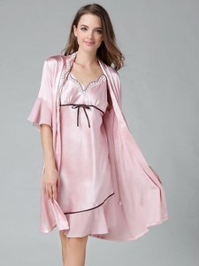 Gracieux 100% Soie <span class=keywords><strong>Lacey</strong></span> Garnis Chemise De Nuit Ensembles En Soie Charmeuse Sommeil Robes - Product Image 2