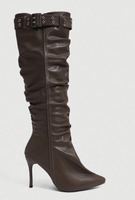Bottes hautes marron en similicuir pour femme, personnalisables, à bout pointu, talon aiguille, avec boucle et fermeture éclair latérale