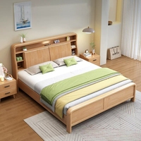 Lit double minimaliste contemporain nordique en bois massif de caoutchouc, taille Queen/King, avec cadre de lit à pression d'air et grand rangement, écologique