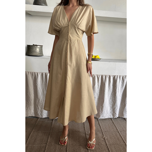 Vestido de Lino Beige con Cuello en V, Cierre de Botones Delanteros, Cintura Baja, Largo hasta la Rodilla, Estilo Europeo para Oficina, Disponible en Tallas XS a XL - Product Image 3