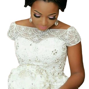 <b>White</b> Off The Shoulder <b>Lace</b> Sheath Wedding Dress Natural Waist Scalloped Neckline Polyester Fiber - Product Image 5