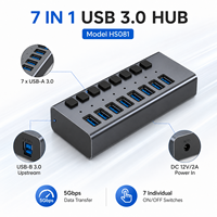7 Portlu Güçlendirilmiş USB 3.0 Hub 5Gbps 7x USB-A Portları Ayrı Ayrı Güç Anahtarları Alüminyum Gövde Stokta Mevcut