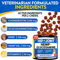 Complément alimentaire pour chiens 9-en-1 avancé pour les hanches et les articulations, glucosamine, chondroïtine, MSM, chanvre, comprimés à mâcher, 170 unités, saveur poulet