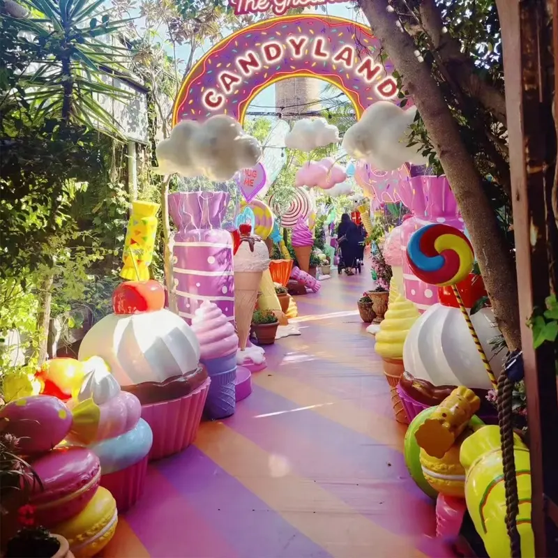 Candyland dekorasi pesta permen raksasa jagung dekorasi luar ruangan es krim lollipop alat peraga permen latar belakang untuk pernikahan dan acara
