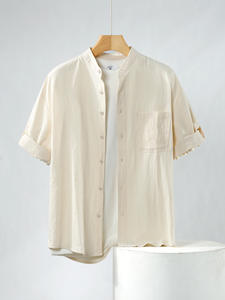 Camisa de lino para hombre, camisa de manga corta, suelta, de algodón y lino de verano para hombre, Top simple con cuello alto de color sólido para hombre - Product Image 5