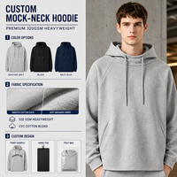 Hoodie Pria Grosir Bahan Tebal 320GSM Mock Neck CVC Cotton Blend Brushed Fleece Pullover Hooded Sweatshirt Streetwear OEM