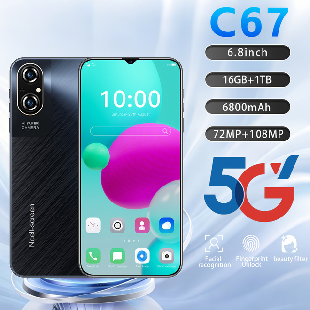 C67 5G  Smartphone 16+1TB Large Storage Mobile Phone Equipped with a 72MP Front Camera AI Face Unlock for Quick Secure Access