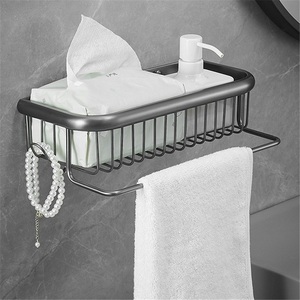 Zinc Alloy Polished Gun Gray Modern Bathroom Rack Square Mesh <b>Basket</b> Wall-Mounted <b>Shelf</b> with Hook and Towel Bar - Product Image 2