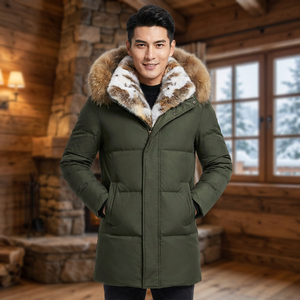 Men's Long Down Puffer Jacket With Fur Hood Windproof <b>Winter</b> <b>Coat</b> Casual Olive Green <b>Thick</b> Warm Outerwear - Product Image 2