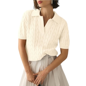 Pull tricoté torsadé uni à col polo et manches courtes pour femme – Nouvelle collection décontractée et tendance (vente en gros) - Product Image 5