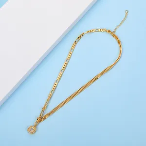 18K Gold Plated Cuban Chain Figaro Chain Combination Square Zirconia Necklace Charm Fashion Necklace