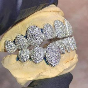 Ensemble de grillz dentaires personnalisés de luxe en diamant |   Diamant de laboratoire taille rose |   Bijoux Hip Hop en argent sterling 925 plaqué or pour homme et femme, cadeau - Product Image 1