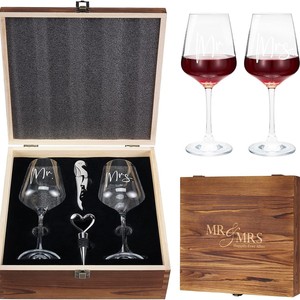 Mr & Mrs <b>Wine</b> Glass Set Wooden Box Engraved Stemmed Glasses With Corkscrew And <b>Stopper</b> Wedding Gift - Product Image 1