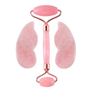 Rose Quartz Natural Jade Roller For Face Pink 3 in 1 set Body Double Slimming Massager Jade Roller Gua Sha Set - Product Image 1