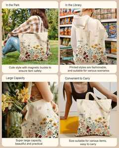 Sac fourre-tout à imprimé floral printanier pour femmes avec boucle magnétique et poche intérieure zippée en toile de coton - Product Image 6
