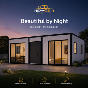 บ้านสำเร็จรูปสมัยใหม่ Newgen Development แบบโมดูลาร์ ผนังแซนด์วิช พร้อมเข้าอยู่ สีเทาเข้ม โครงสีดำ - Product Image 1
