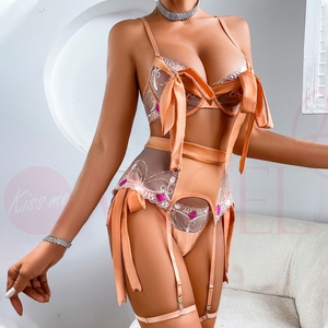 KISS ME ANGEL Sexy da donna Lingerie in pizzo Patchwork fantasia con nodo a fiocco giarrettiere trasparente per Neon scava da donna Sexy reggiseno e collant Set - Product Image 2
