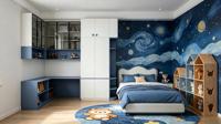 Système de rangement modulaire moderne pour chambre d'enfant : armoire en forme de L avec bureau intégré