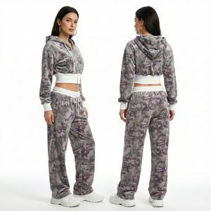 Ensemble sweat-shirt et pantalon camouflage à capuche zippé de haute qualité, logo personnalisé, sports de plein air, 100% coton, prix bas pour femmes, TKAN928D - Product Image 1