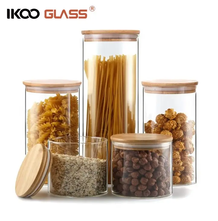 IKOO impilato eco friendly 5 pezzi barattoli contenitore per alimenti in vetro con coperchio in bambù