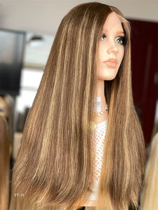 Premium European Hair Silk Top Lace Top Bandfall Jewish Wig <b>Brown</b> Highlights High Quality Straight Style Factory Supply Qingdao - Product Image 3
