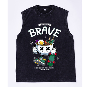 Gilet oversize pour homme délavé, imprimé dessin animé Brave Noodle <span class=keywords><strong>Bowl</strong></span> <span class=keywords><strong>Skate</strong></span>, style <span class=keywords><strong>skate</strong></span> urbain pour jeunes, entrepôt USA, vente en gros - Product Image 4