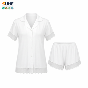 SUHE Women's Modal White Short Sleeve Lace Trim Notch Collar Button <b>Down</b> Pajama Set Sleepwear Casual Loungewear Summer Style - Product Image 1
