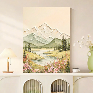 Peinture à l'huile abstraite contemporaine de paysage de prairie aux fleurs sauvages et sommets dorés, faite à la main, décoration de luxe pour galerie et maison - Product Image 3