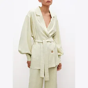 Blazer tissé minimaliste pour femme OEM, Blazer beige à manches courtes, ivoire, simple, décontracté, anti-rétrécissement