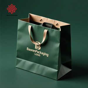 Baoren Factory Small Business Ropa Embalaje Bolsas de papel Verde oscuro Compras Bolsa de papel de lujo con asas de cuerda de algodón - Product Image 2