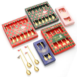 Fourchette à dessert moderne Cuillère à café Couverts de Noël en acier inoxydable doré avec boîte-cadeau - Product Image 1