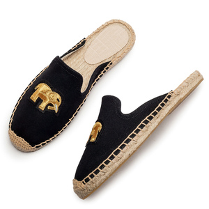 Mules plates noires pour femmes, bout fermé, en toile, broderie éléphant <span class=keywords><strong>doré</strong></span>, à enfiler, tressées, style espadrille d'été - Product Image 4