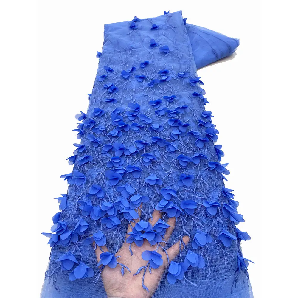 NI.AI Luxury Deep Blue 3D fiore tessuto di pizzo netto elegante pizzo ricamato tessuto per abito da sposa