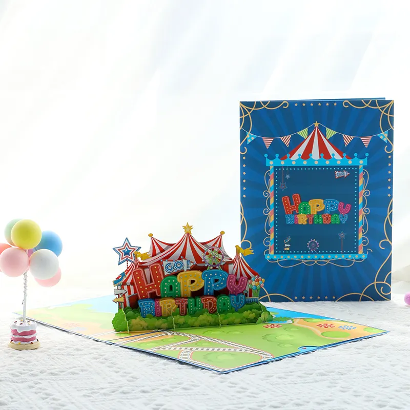 Özel baskı 3d mutlu doğum günü sirk çadırı pop up tebrik hediye kartı