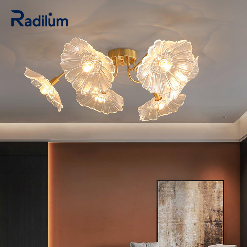Wholesale Mid-Century Modern LED Ceiling Lamp Clear Fluted Glass Shade Brass Finish Flower Blossom Design for Living Room