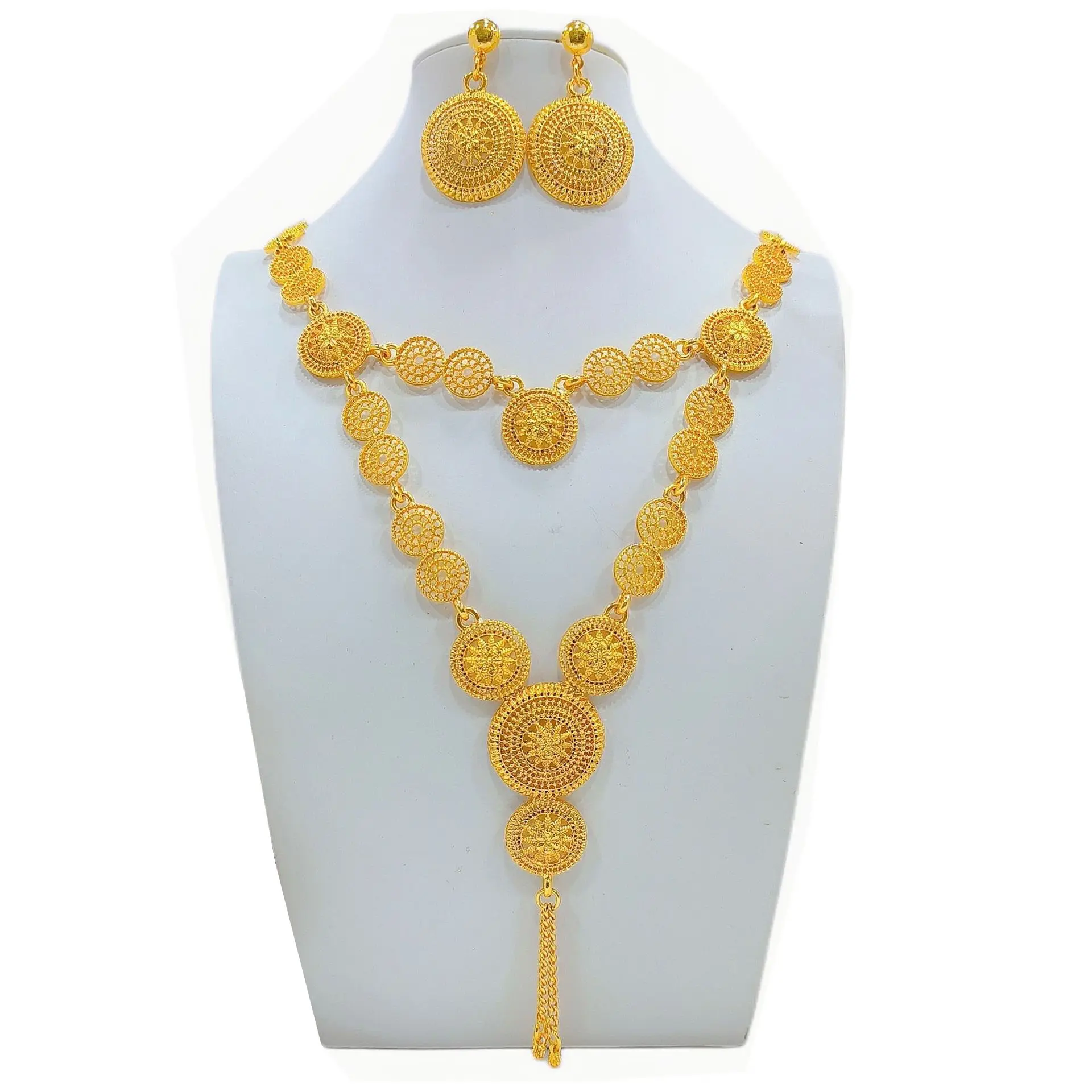 תכשיטי מודעות מצופה זהב 24 קראט סטים תכשיטים אופנה הודית שרשראות עגילי יוקרה עגילי חתונה