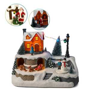 Scène de village de Noël avec maison, rennes, traîneau, bonhomme de neige, lumières et mouvements, 23,5x16x17 cm, décoration de fêtes - Product Image 1