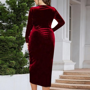 Abito lungo elegante in <span class=keywords><strong>velluto</strong></span> BDBH con spacco, drappeggiato, a tubino, a <span class=keywords><strong>maniche</strong></span> <span class=keywords><strong>lunghe</strong></span>, per feste ed eventi - Product Image 3