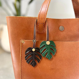 In stock: Monstera leaf PU leather <b>bag</b> <b>charm</b>, Bohemian style keychain, vintage car keychain - Product Image 3